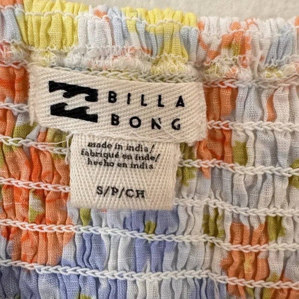 Billabong Feeling Groovy Puff Sleeve Floral Smocked Crop Blouse Top Blue Small - Picture 7 of 10